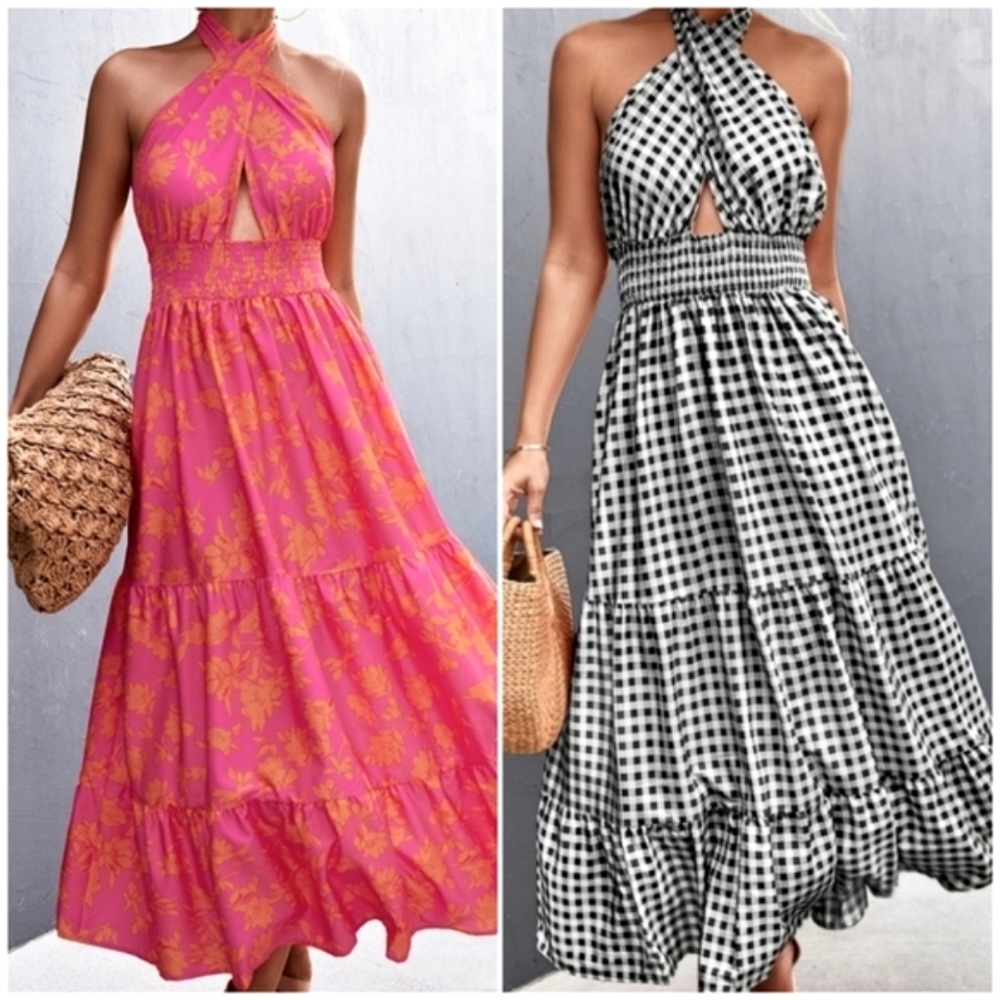 Cross Halter Maxi Dress Pink Orange Floral Summer Open Back Size S M L - Picture 5 of 7